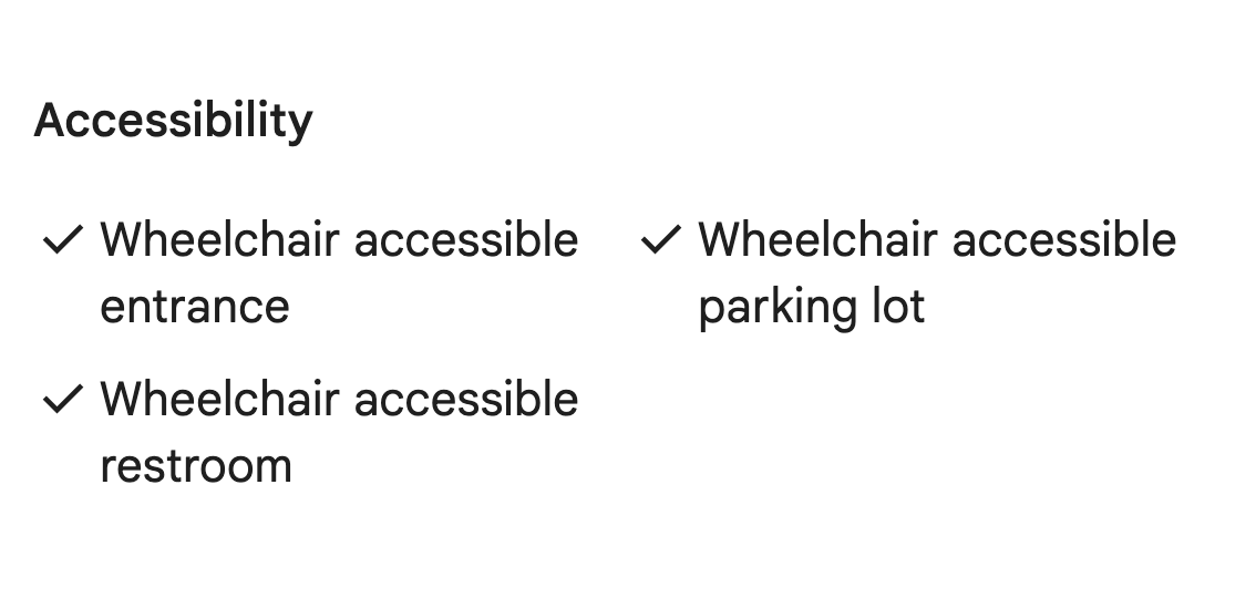 The Accessibility section of the British Museum's Google Maps listing, showing three ticked lines: wheelchair accessible entrance, wheelchair accessible parking lot, wheelchair accessible restroom.