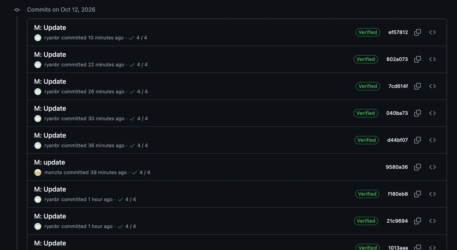 EasyList commit history on GitHub showing M: Update commits by ryanbr minutes apart