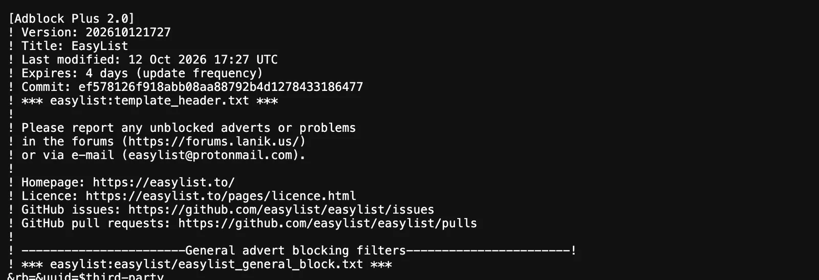 The first lines of the published EasyList file