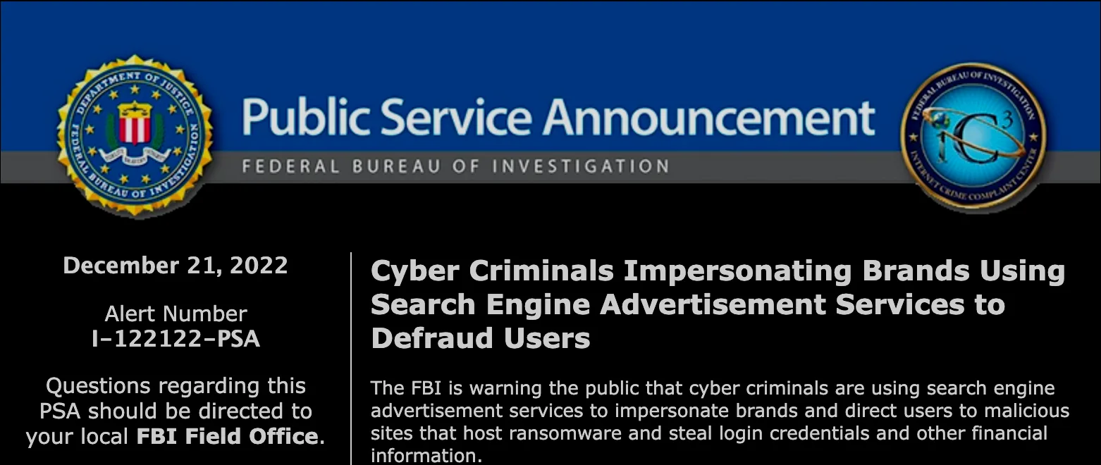FBI public service announcement, 21 December 2022, on brand impersonation in search ads