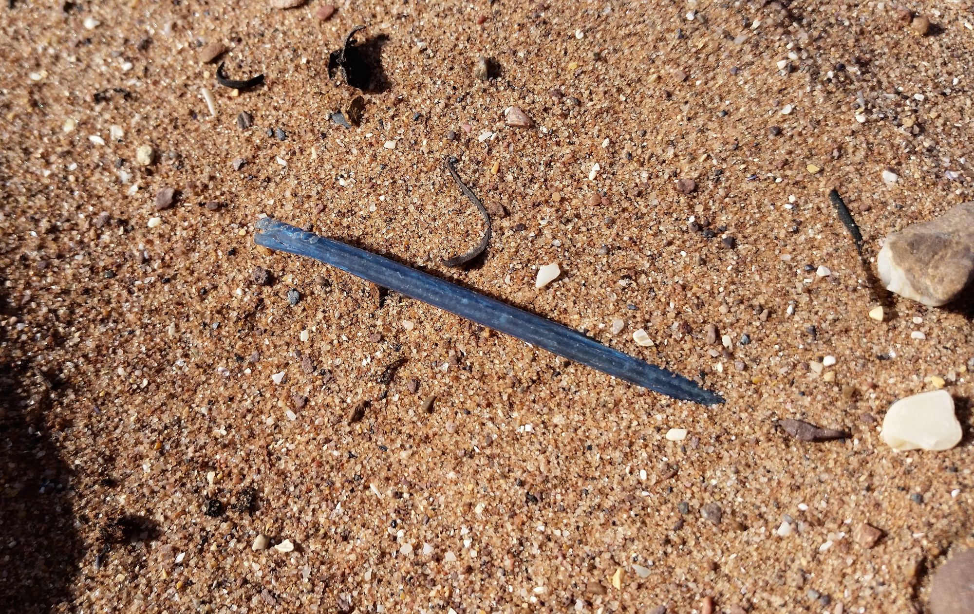 A single blue plastic cotton bud stick lying on coarse orange sand