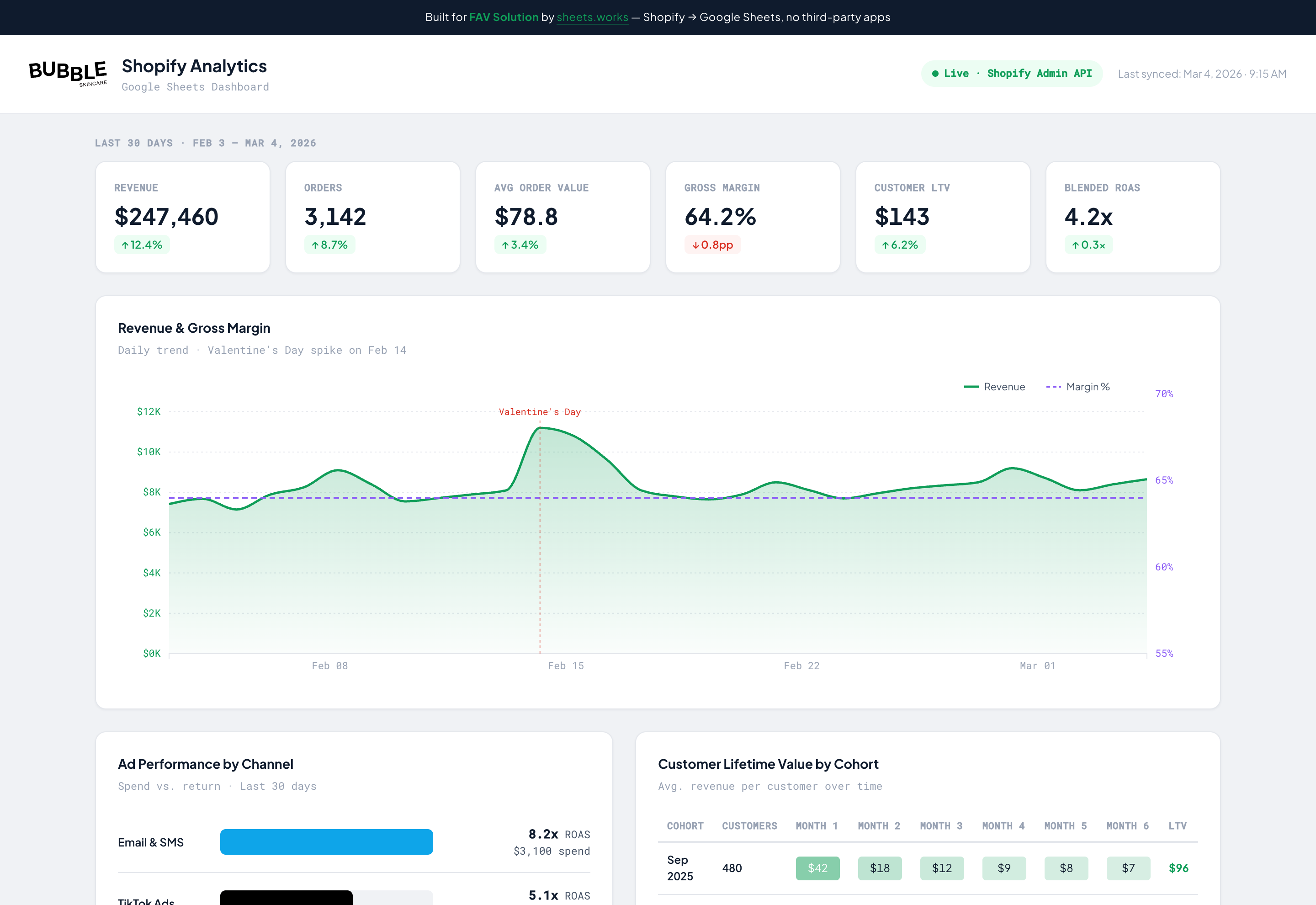 Bubble Skincare live Shopify analytics dashboard