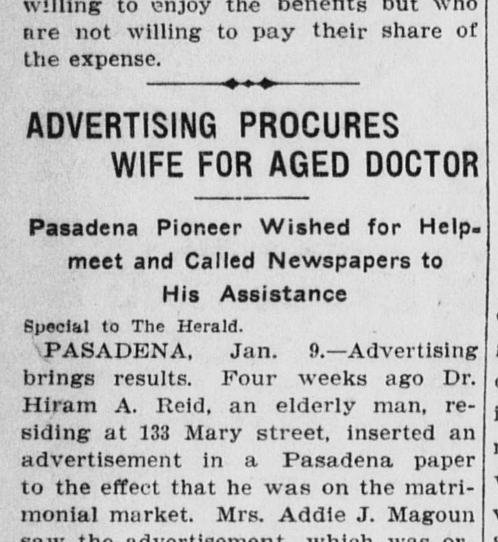 Los Angeles Herald: Advertising procures wife for aged doctor