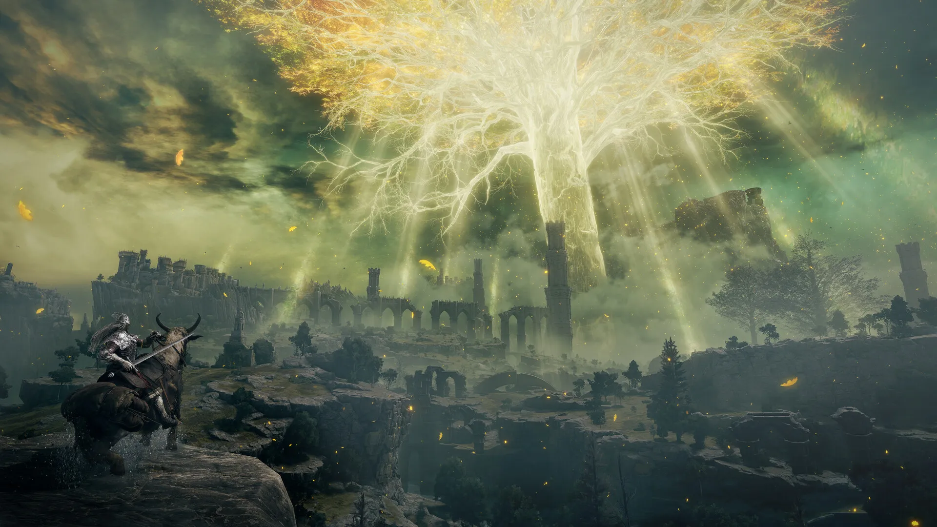 A rider on horseback looking at the giant golden Erdtree shining over a ruined landscape
