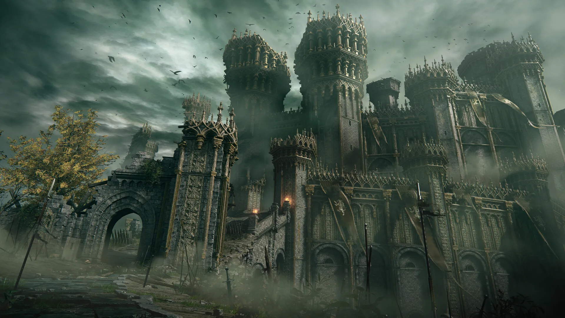 The towering gates and walls of a stone castle under a grey sky