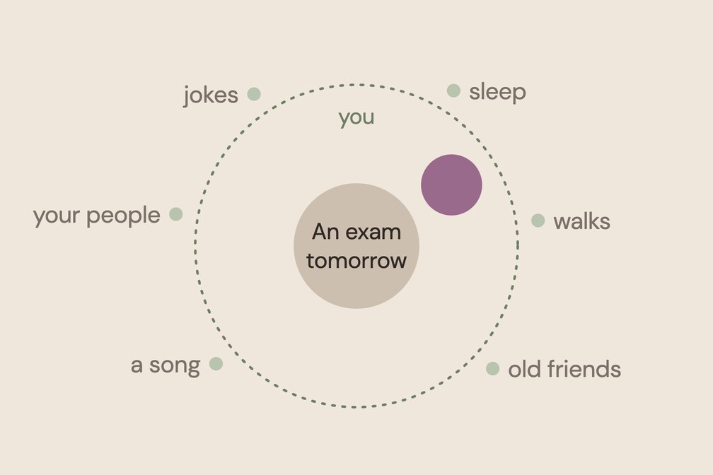 A worry, an exam tomorrow, in the middle of a dotted circle labelled you, with a purple circle for something you care about and the rest of your life around it