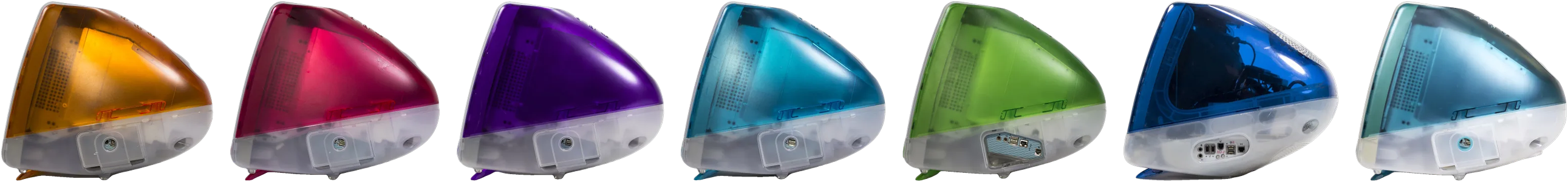 A row of the colourful 1998 iMac G3s