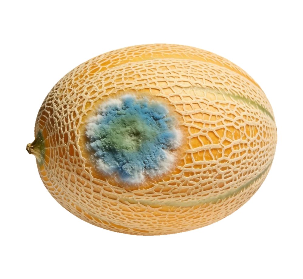 A cantaloupe melon with a round patch of blue-green mould