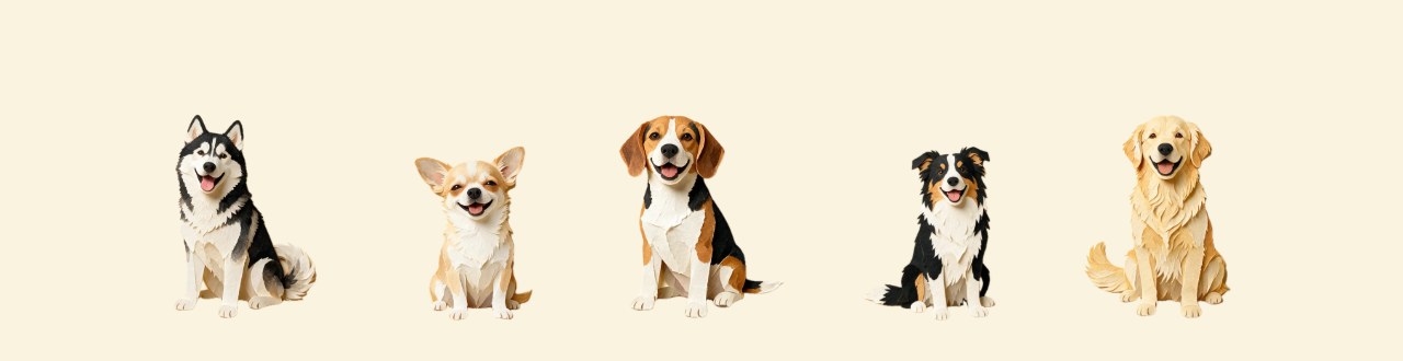 Five dogs cut out of paper