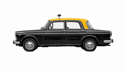 A Mumbai black-and-yellow taxi, a Premier Padmini, turning slowly on the spot