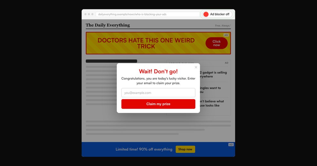 A made-up news site covered in ads and a pop-up, with the ad blocker switched off