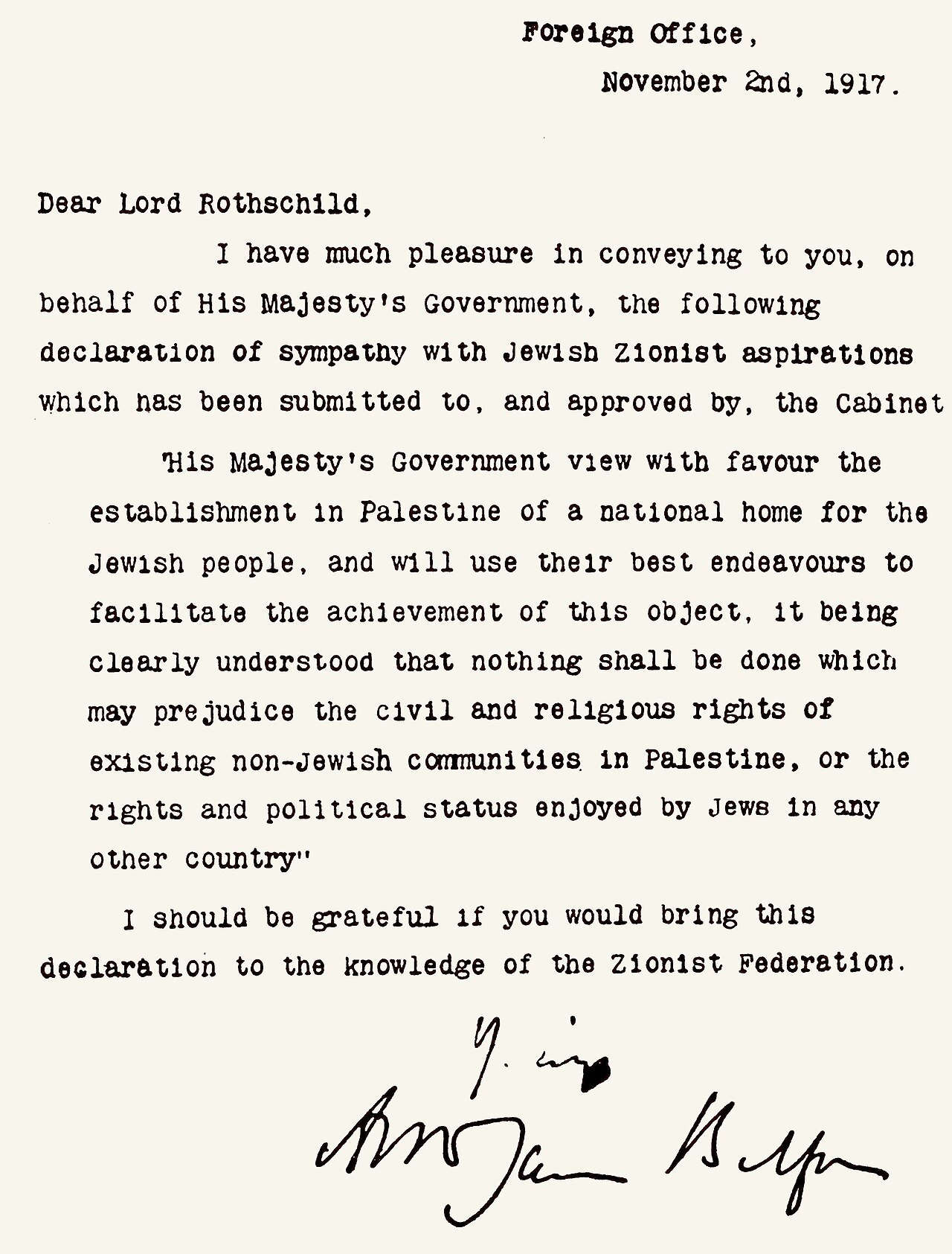 The Balfour Declaration, November 2, 1917