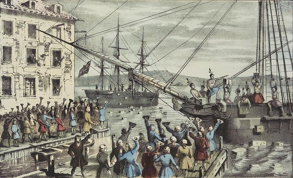 Boston Tea Party, 1773  – colonists dumping British East India Company tea into Boston Harbor
