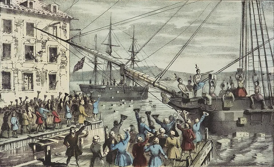 Boston Tea Party, 1773  – colonists dumping British East India Company tea into Boston Harbor