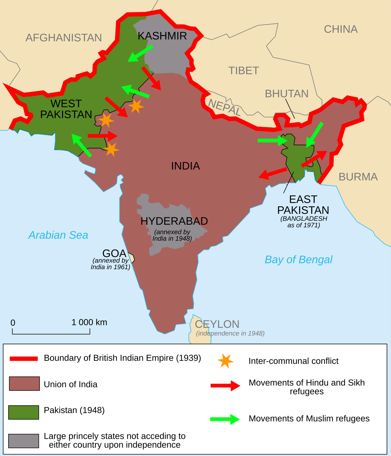 Map showing the partition of India and Pakistan in 1947  – the Radcliffe Line drawn in 5 weeks