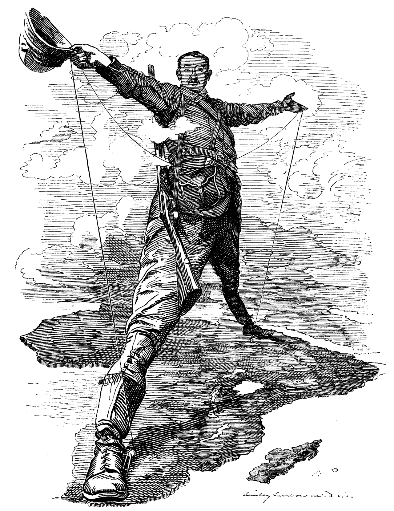 Cecil Rhodes depicted as a colossus striding from Cape Town to Cairo  – satirical cartoon from Punch magazine, 1892