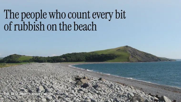 Tan-y-Bwlch shingle beach and Pen Dinas hill under a clear sky, with the headline in the sky