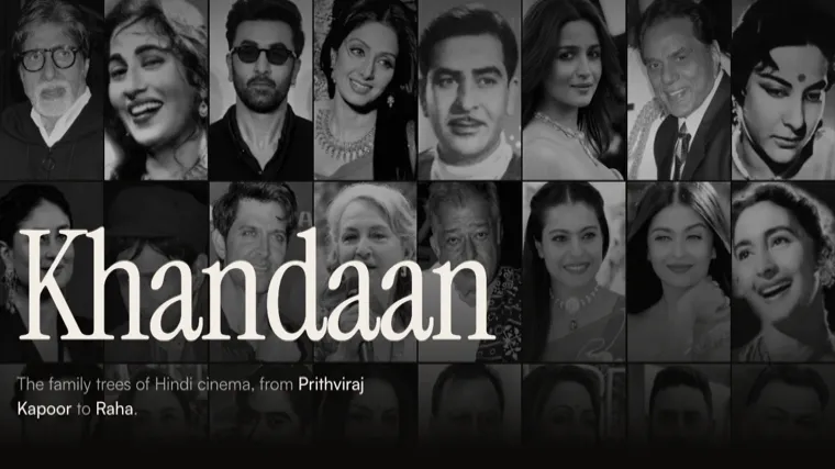 Black and white portraits of Bollywood stars with the title Khandaan