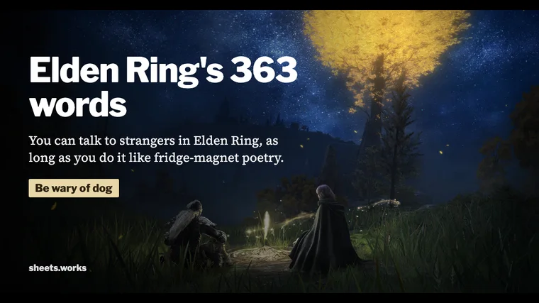 Two Elden Ring players at night under the golden tree, with the title Elden Ring's 363 words