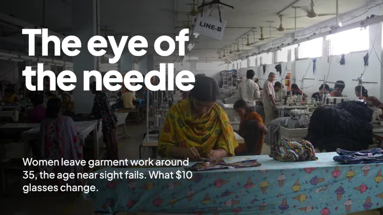 A woman sewing on a long garment factory floor in Bangladesh, with the headline over the photo