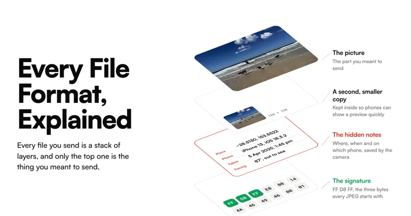 A beach photo pulled apart into four layers: the picture, a small preview, red hidden notes with its GPS position and phone, and green signature bytes