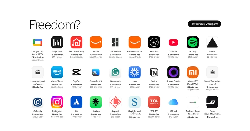 A grid of real app icons, WHOOP, Wispr Flow, YouTube, Spotify and more, each labelled with how many people broke free of it