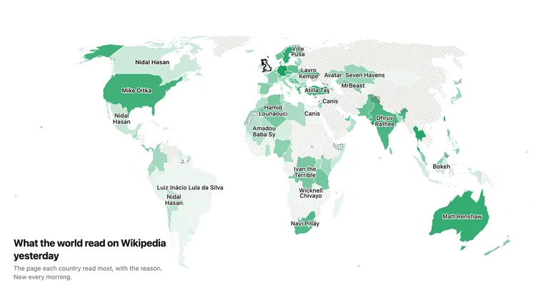 A world map with the most read Wikipedia page written on each country