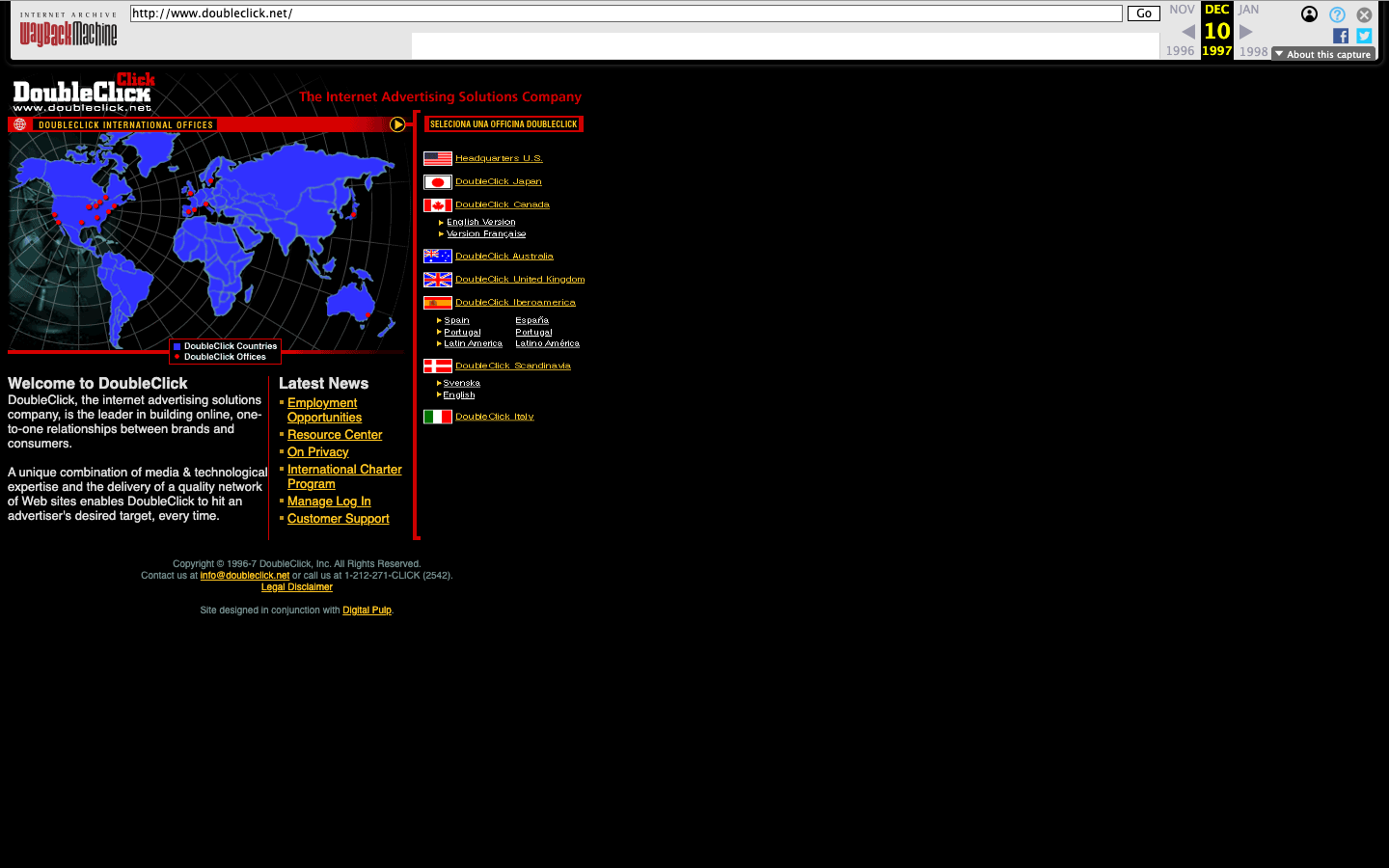 DoubleClick's homepage in December 1997, the ad company that turned the cookie into a way of following people across sites.