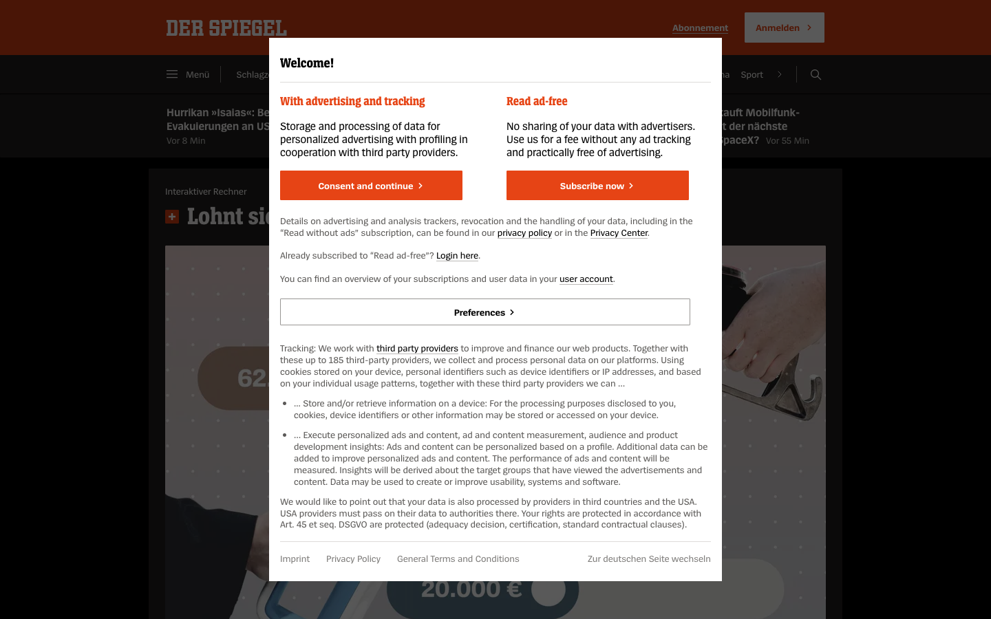 Der Spiegel: agree to tracking, or subscribe.