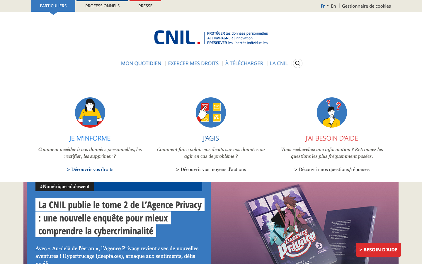 The CNIL's own website, with no consent pop-up at all, only a small link to manage cookies at the bottom.