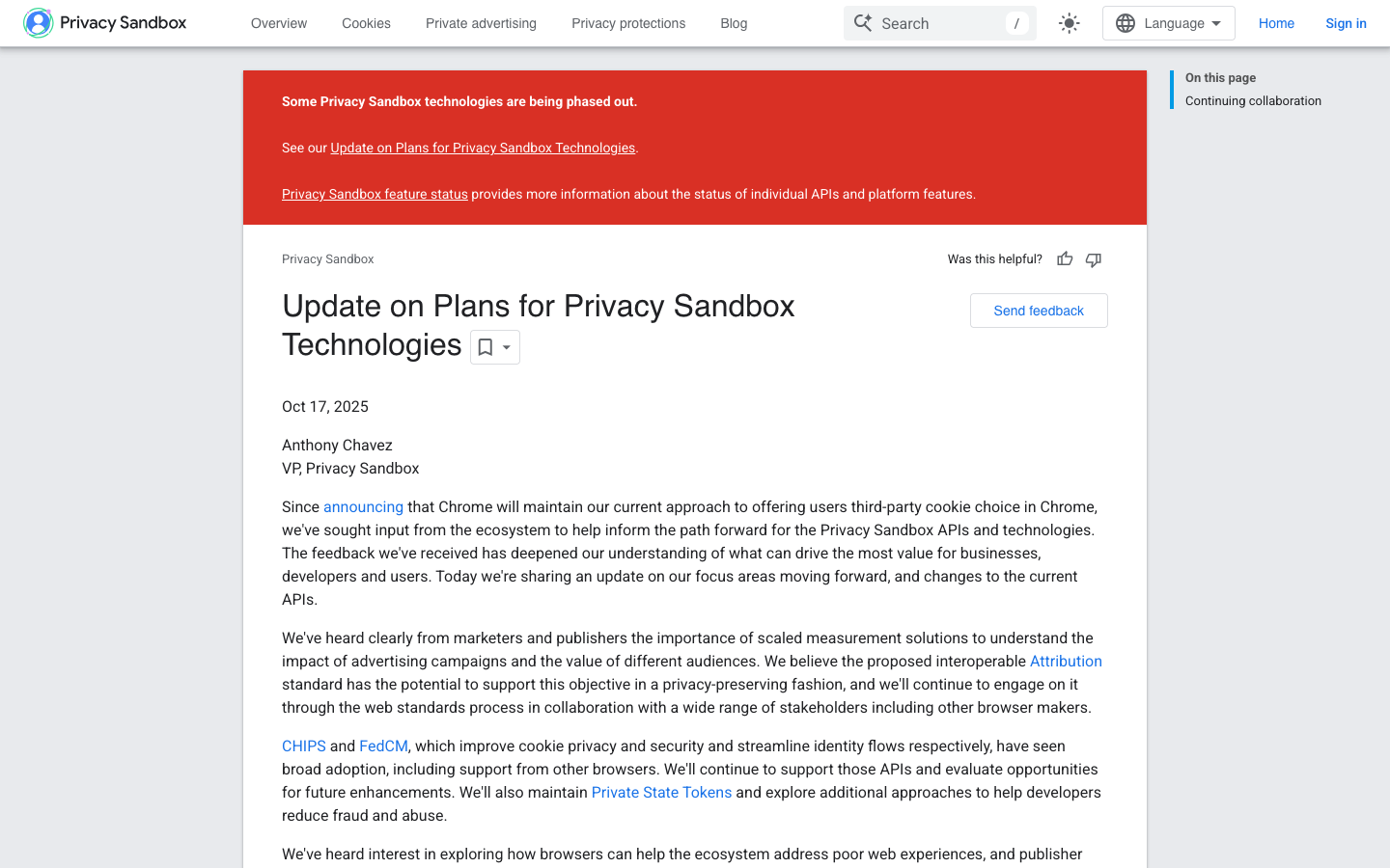 Google, 17 October 2025: Privacy Sandbox technologies 