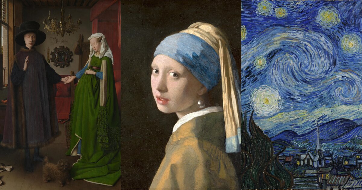 Details from the Arnolfini Portrait, Girl with a Pearl Earring and Starry Night