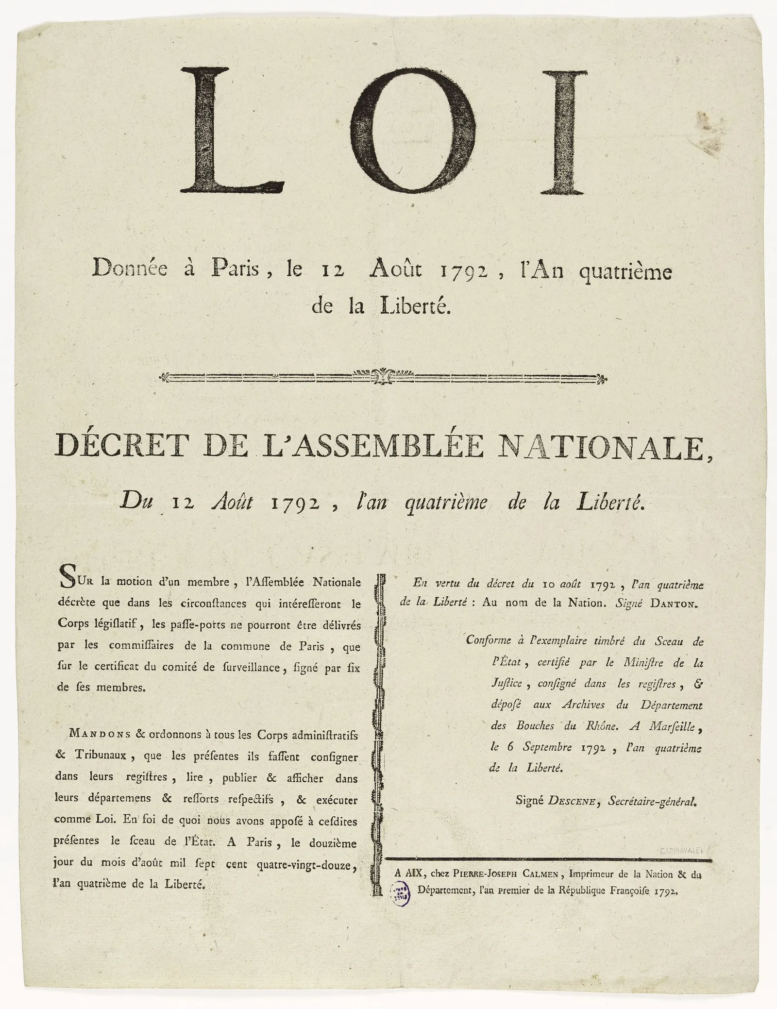 French decree of August 1792 on passports