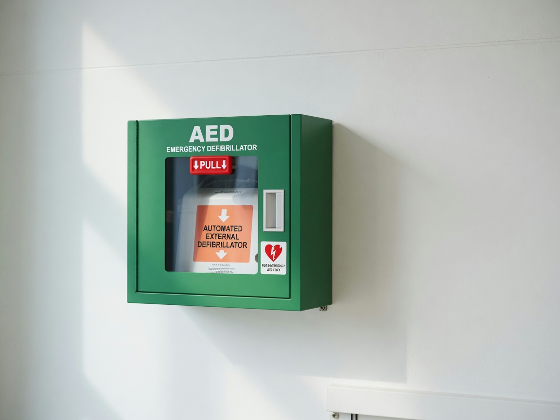 Public AED cabinet on a wall