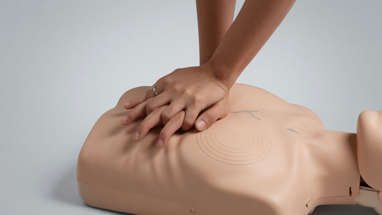 Hands practicing CPR on a training mannequin