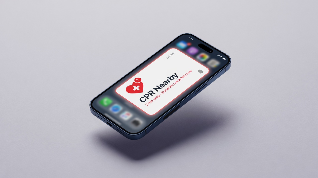 A smartphone showing a CPR nearby alert