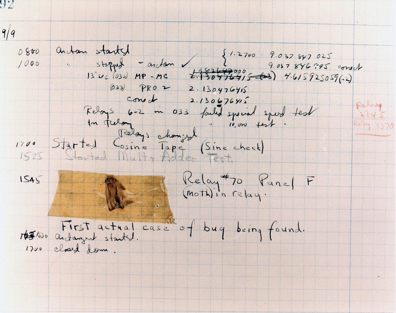 A page of the Harvard Mark II logbook with a moth taped to it