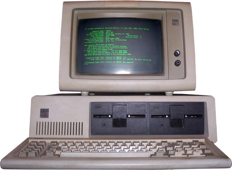 An IBM PC 5150 with its monitor and keyboard