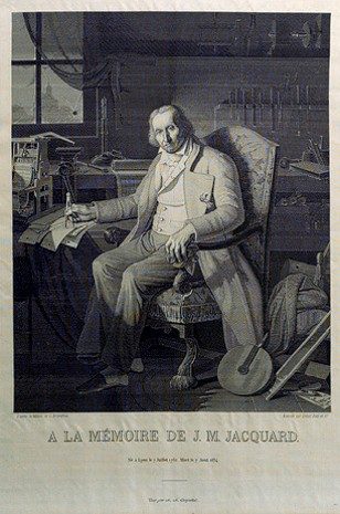 A portrait of Joseph-Marie Jacquard woven in silk on a Jacquard loom