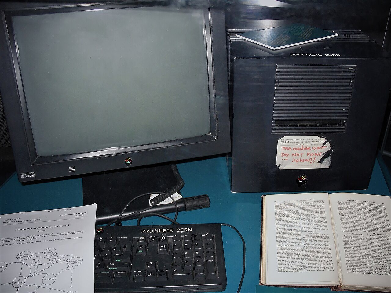The NeXT computer used as the first web server, with a handwritten label on it