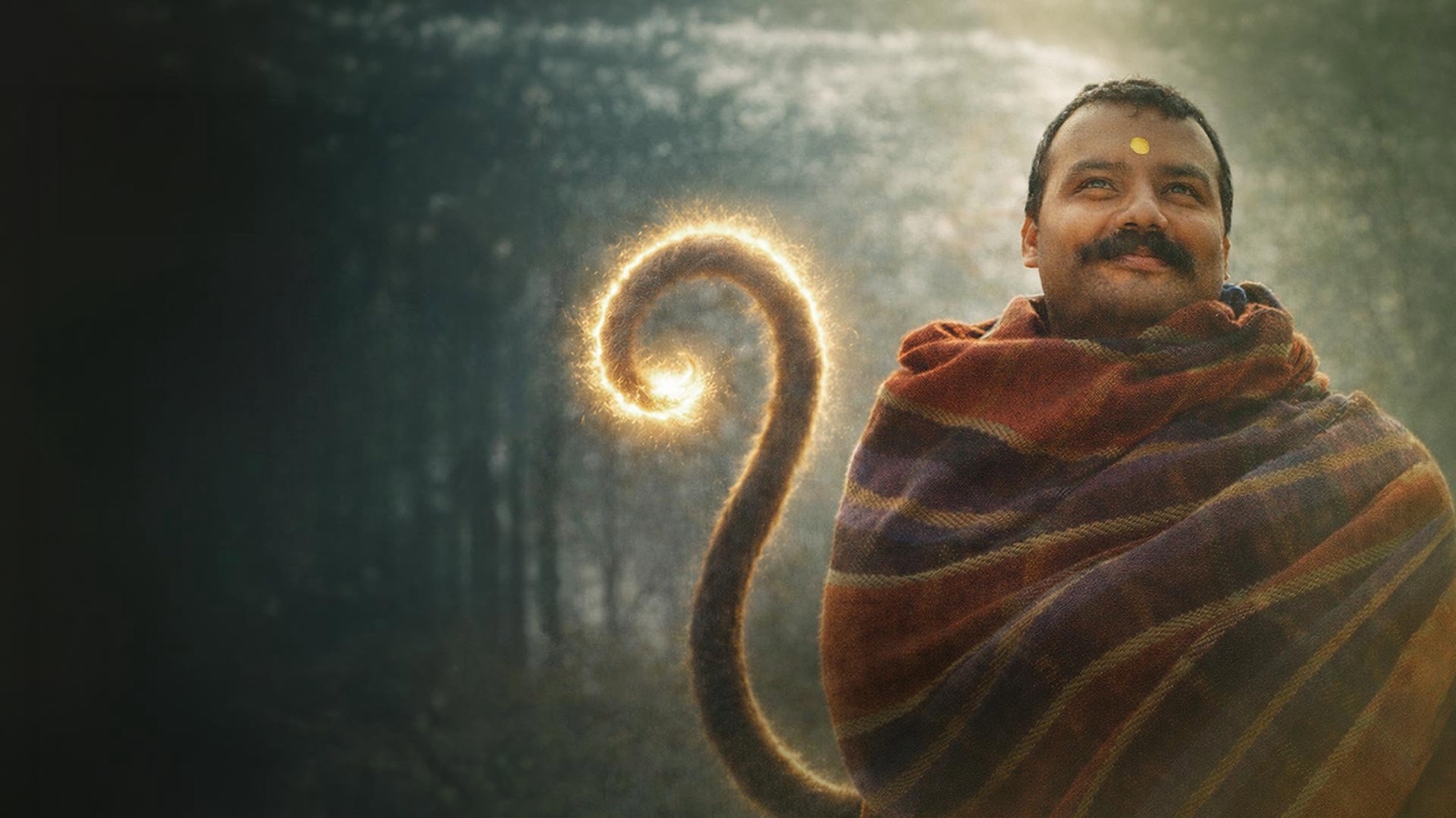 A smiling man with a moustache, wrapped in a striped blanket in a misty forest, with a glowing golden monkey's tail curling up beside him