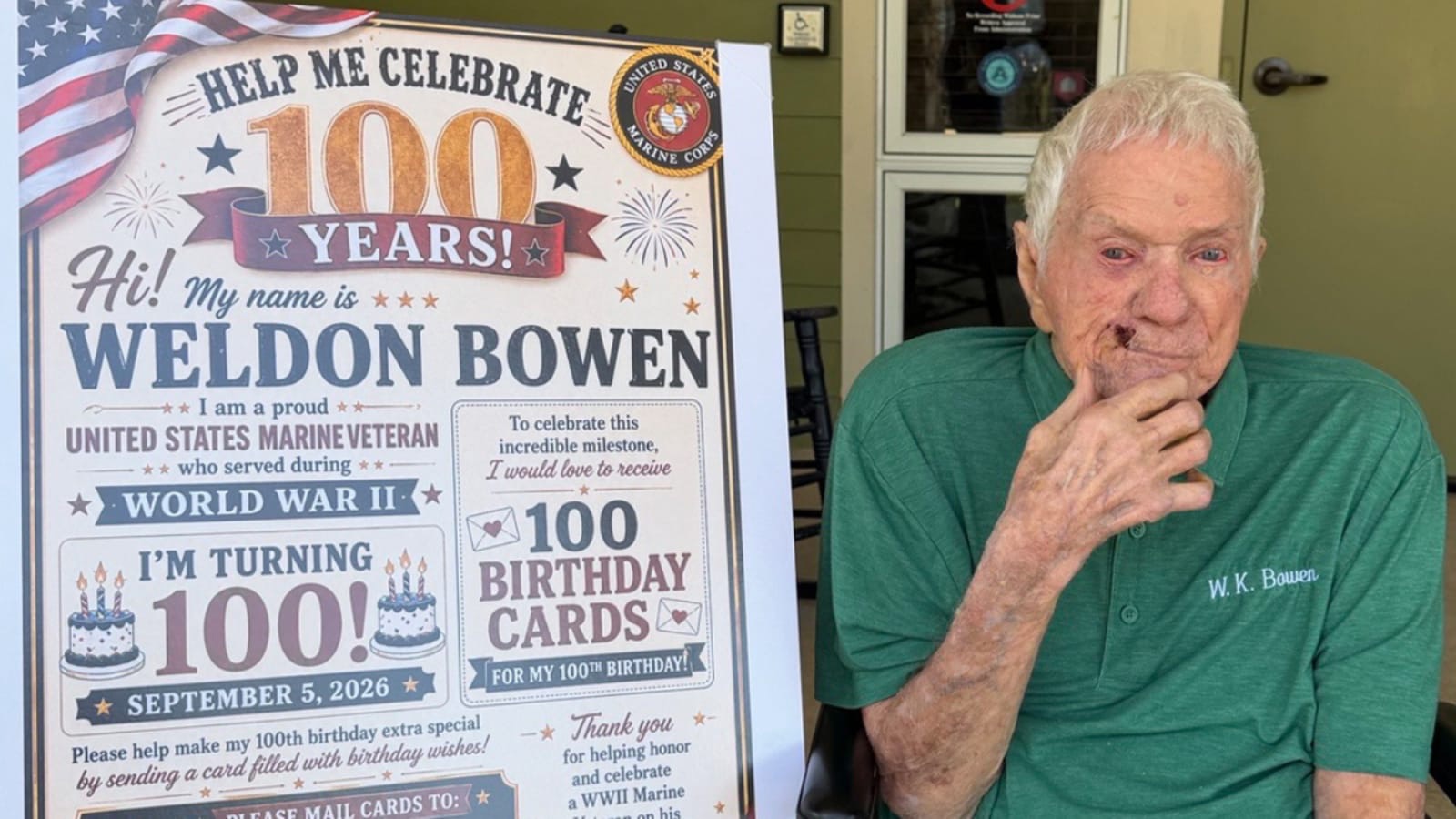 Weldon Bowen, in a green polo shirt with his name stitched on it, sits on a porch beside a poster reading Help me celebrate 100 years, I would love to receive 100 birthday cards