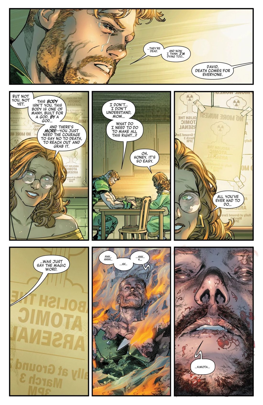 A page from Avengers: Armageddon #4, David Colton at a kitchen table with his mother, then saying the magic word