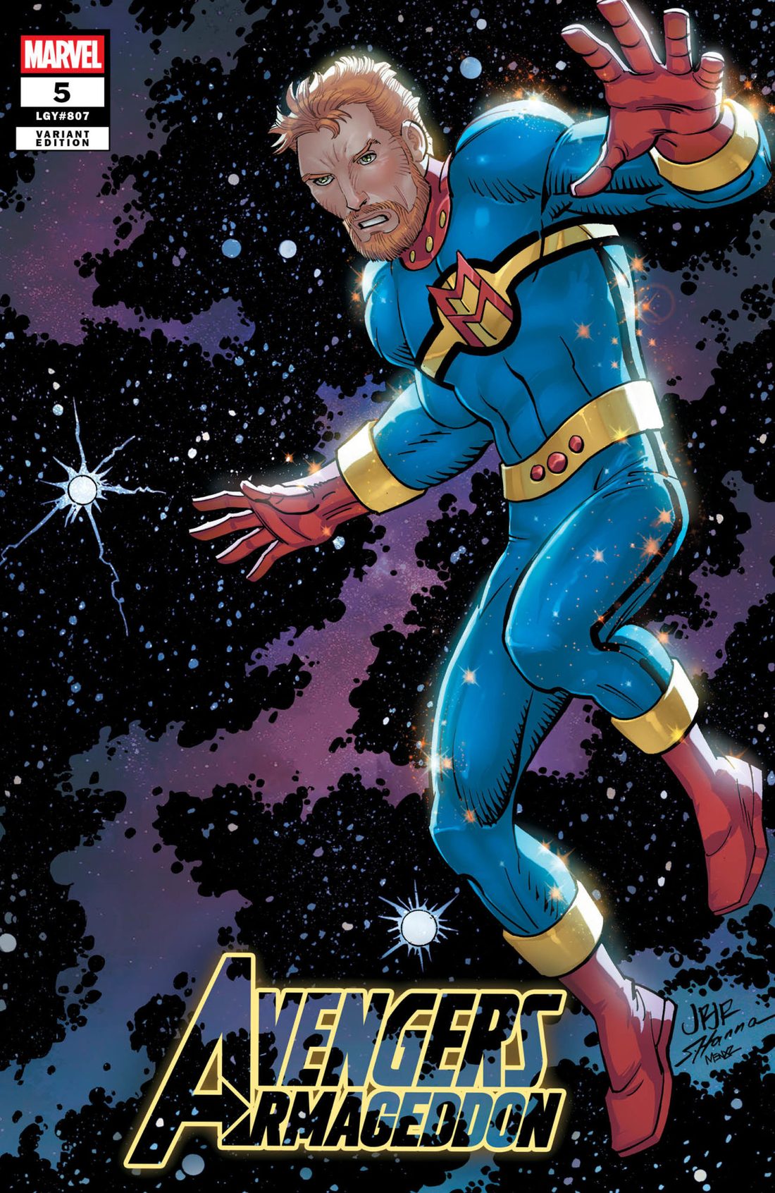 Variant cover of Avengers: Armageddon #5 by John Romita Jr., Miracleman flying against a starfield