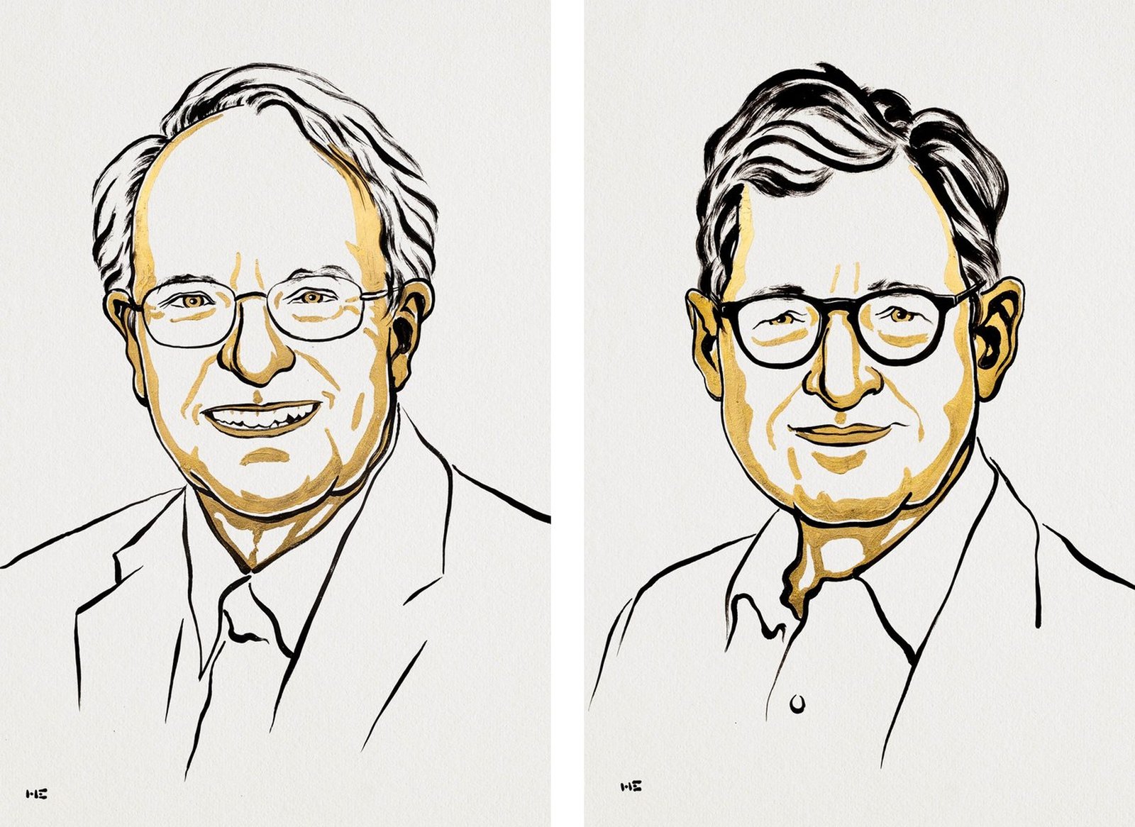 Two ink-and-gold portrait drawings side by side: an older man with swept-back hair and rimless glasses, smiling, and an older man with dark hair and round dark-rimmed glasses in an open-necked shirt.