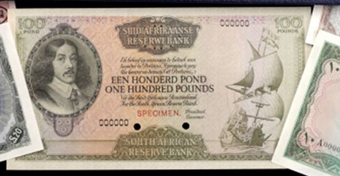 A large South African Reserve Bank one hundred pound note in pale brown and green, with a portrait of a man in a wide collar on the left and a sailing ship on the right. It is stamped SPECIMEN and has two punched holes.