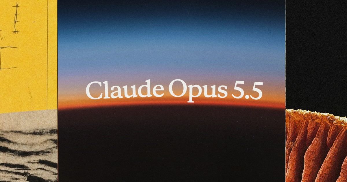 The words Claude Opus 5.5 in a serif face over a curved horizon at sunrise, a band of orange light under a deep blue sky, with strips of yellow paper and a mushroom's gills at the edges of the frame