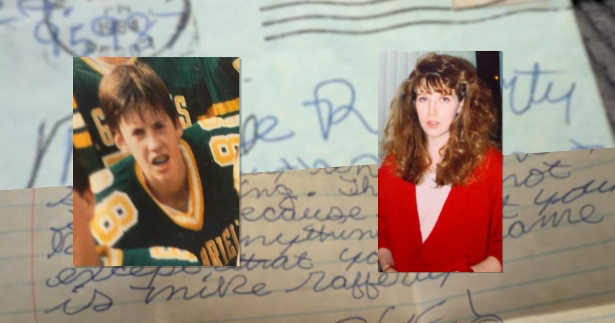 Two old photographs laid over a handwritten letter: a teenage boy in a green and gold football jersey, and a teenage girl with long brown hair in a red top