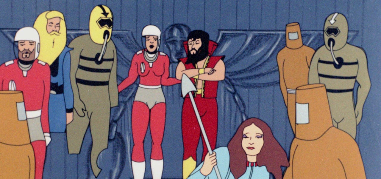 A row of hand-drawn characters against a blue wall: a man in a red spacesuit and helmet, a figure in a yellow-and-black striped suit, a woman in red with a spear, a bearded man in a red tunic, a woman in white with long dark hair, and two guards in brown hoods