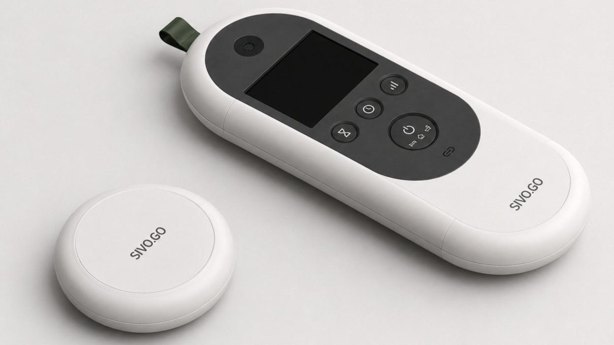 A white handheld unit with a small dark screen and four buttons lying beside a separate round white puck, both marked SIVO.GO